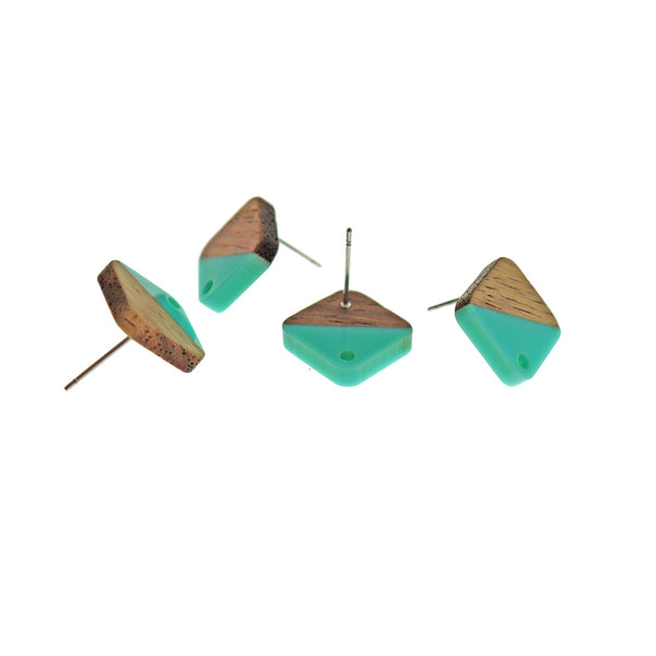 Wood Stainless Steel Earrings - Turquoise Resin Rhombus Studs - 17mm x 17mm - 2 Pieces 1 Pair - ER697
