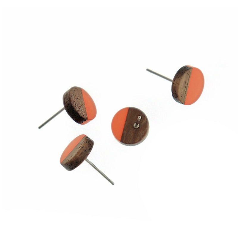 Boucles d'Oreilles Bois Acier Inoxydable - Clous Ronds Résine Rose - 15mm - 2 Pièces 1 Paire - ER109