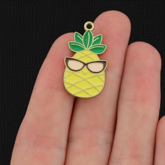 4 Pineapple with Sunglasses Gold Tone Enamel Charms - E334