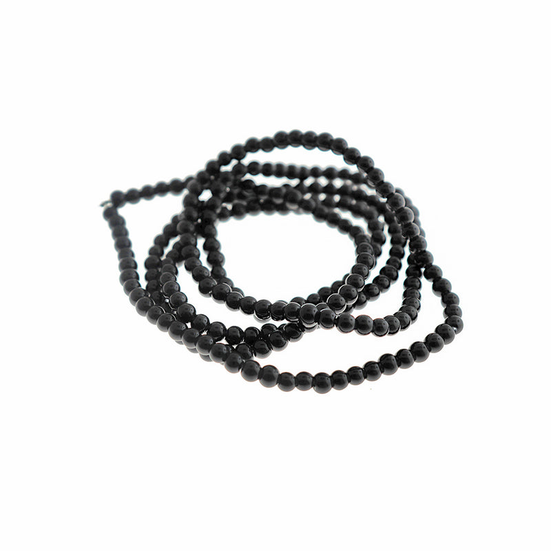 Round Glass Beads 4mm - Polished Black - 1 Strand 206 Beads - BD2807