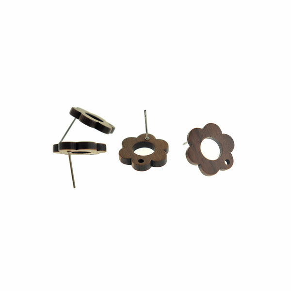 Wood Zinc Alloy Earrings - Flower Outline Studs - 17mm x 16mm - 2 Pieces 1 Pair - ER634