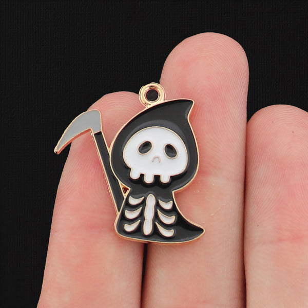 4 Grim Reaper Skeleton Gold Tone Enamel Charms - E011