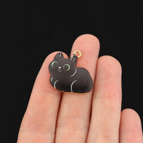 4 Black Cat Gold Tone Enamel Charms - E514