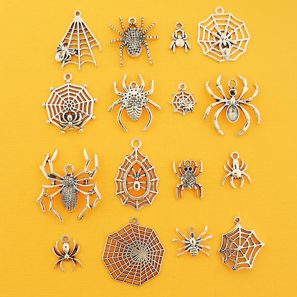 Spider Web Charm Collection Antique Silver Tone 16 Different Charms - COL411H
