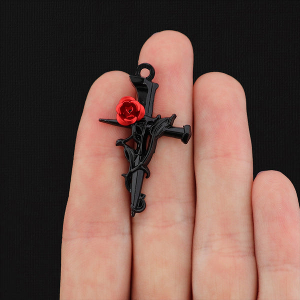 4 Cross with Rose and Thorns Black Tone Charms - SC022