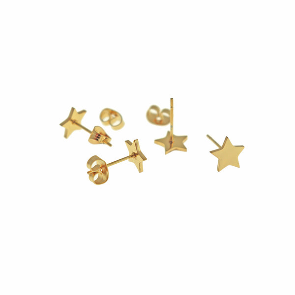 Gold Tone Stainless Steel Earrings - Star Studs - 8mm x 8mm - 2 Pieces 1 Pair - ER842
