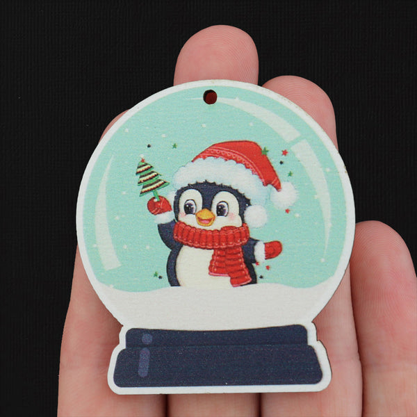 4 Christmas Snow Globe Penguin Natural Wood Charms - WP001