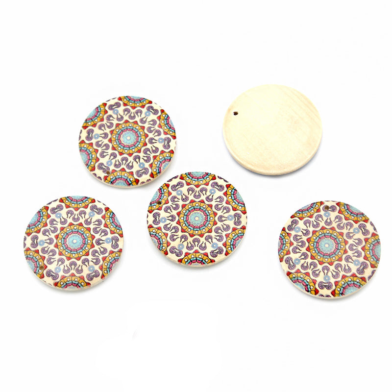 5 breloques en bois naturel imprimé Mandela 30mm - WP005