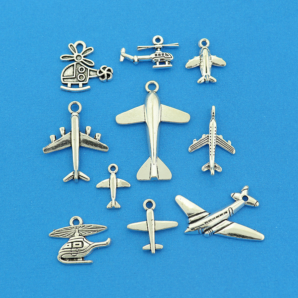 Airplane Collection Antique Silver Tone 10 Different Charms - COL431H