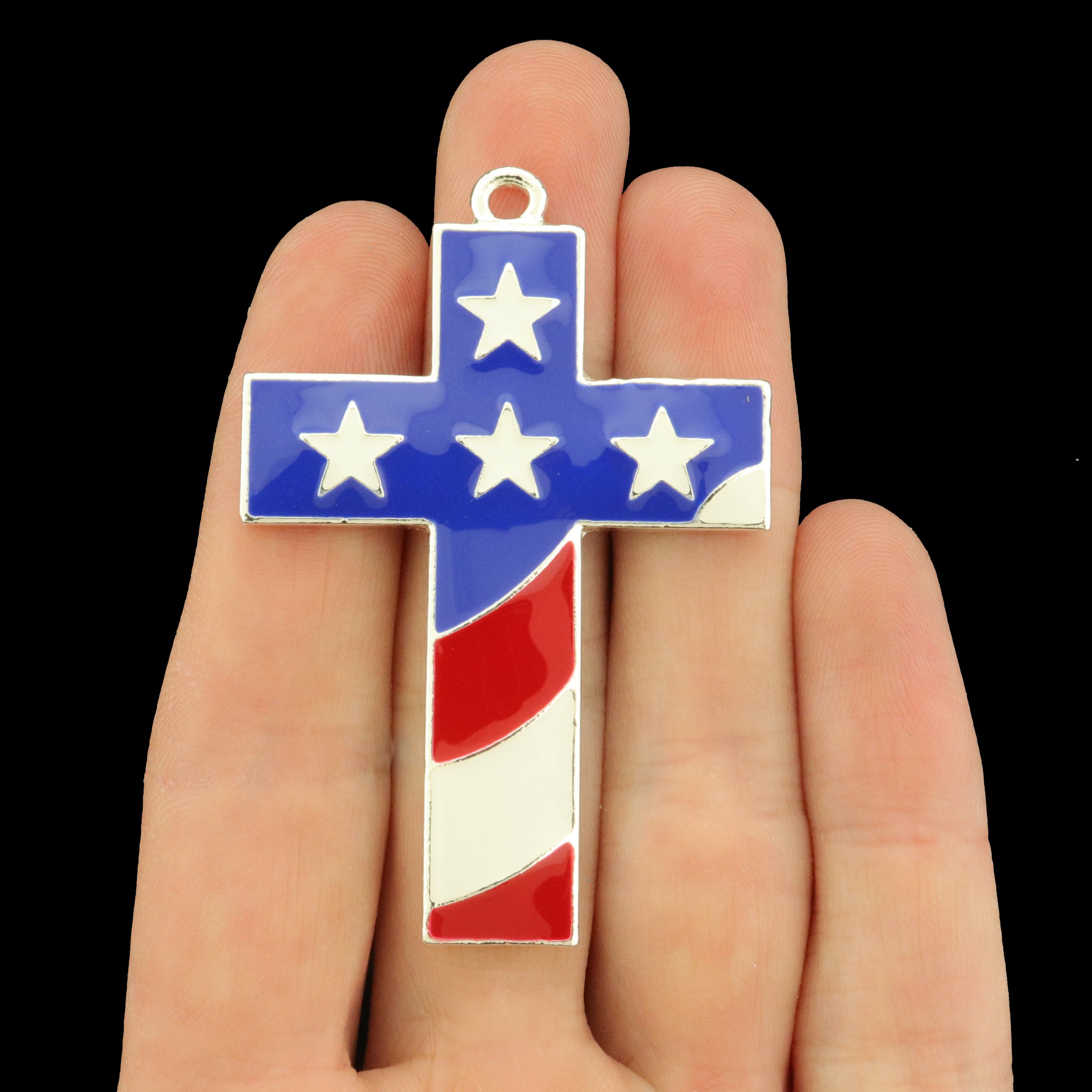 American Flag Cross Silver Tone Enamel Charms - E1491