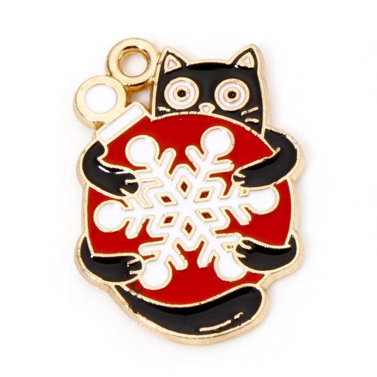 4 Christmas Cat Holding an Ornament Gold Tone Enamel Charms - E1183