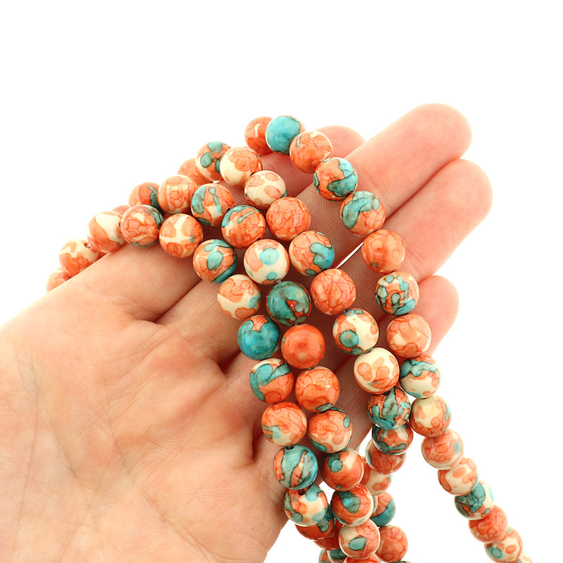 Round Imitation Ocean White Jade Beads 6mm - 10mm - Choose Your Size - Mottled Orange and Blue - 1 Full Strand - BD016