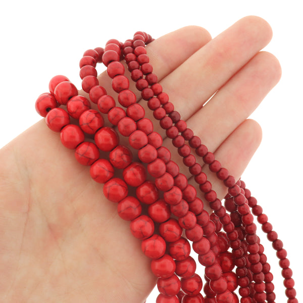 Round Natural Magnesite Beads 4mm - 8mm - Choose Your Size - Red - 1 Full Strand - BD3016