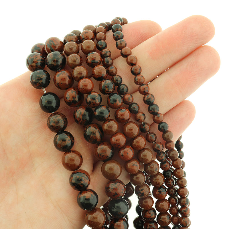 Round Natural Mahogany Obsidian Beads 4mm -8mm - Choose Your Size - Marbled Mahogany and Black - 1 Full 15.5" Strand - BD3022