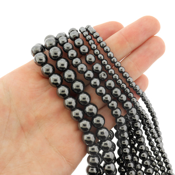 Round Synthetic Hematite Beads 4mm - 8mm - Choose Your Size - Black - 1 Full 15.5" Strand - BD3029