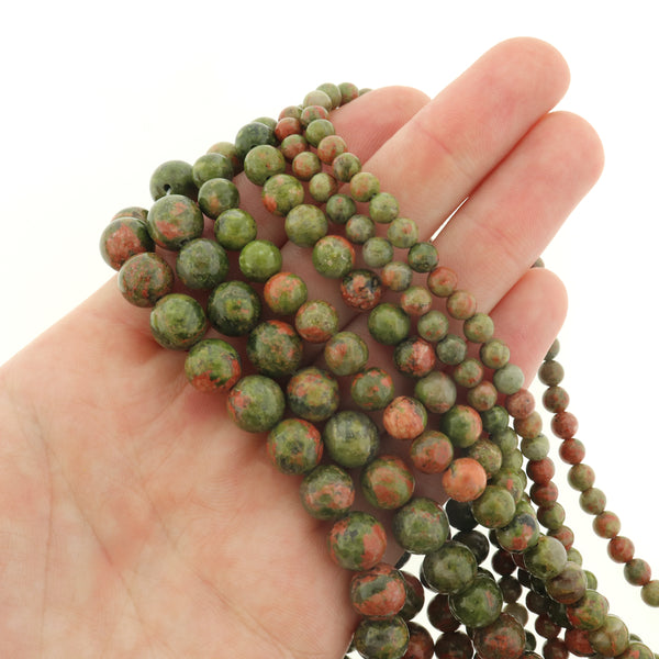 Round Natural Unakite Beads 4mm - 8mm - Choose Your Size - Green and Red - 1 Full 15.5" Strand - BD3031