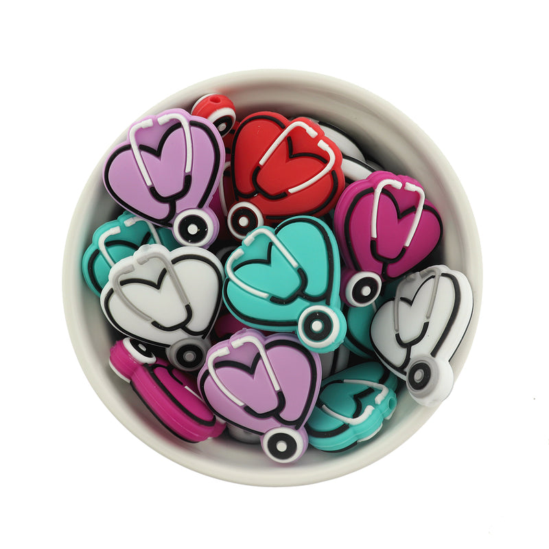 Medical Silicone Focal Beads - Stethoscope Heart - 5 Beads - Choose Your Color