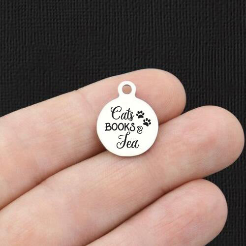Cats, Books & Tea Stainless Steel Small Round Charms - BFS002-7969