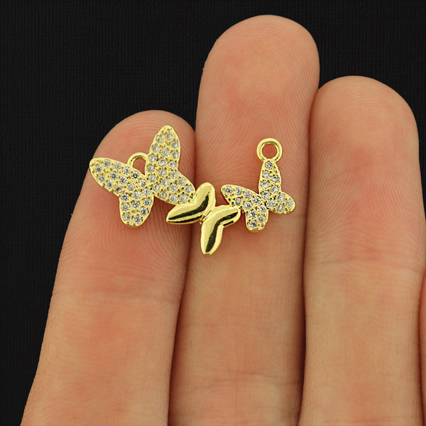 Butterfly Gold Tone Brass Rhinestone Connector Charms - BR079