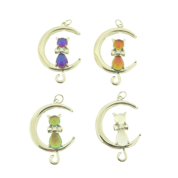 Cat Crescent Moon Silver Tone Brass Connector Charm - Choose Your Stone Color