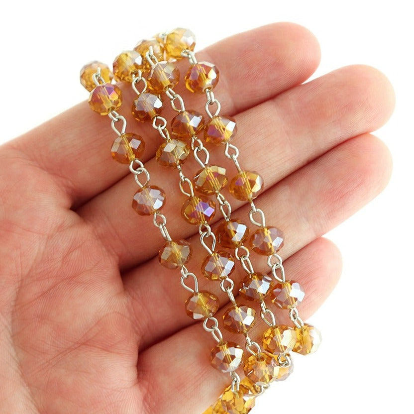 Beaded Rosary Chain - 8mm - Rondelle Glass & Silver Tone - Choose Your Color!