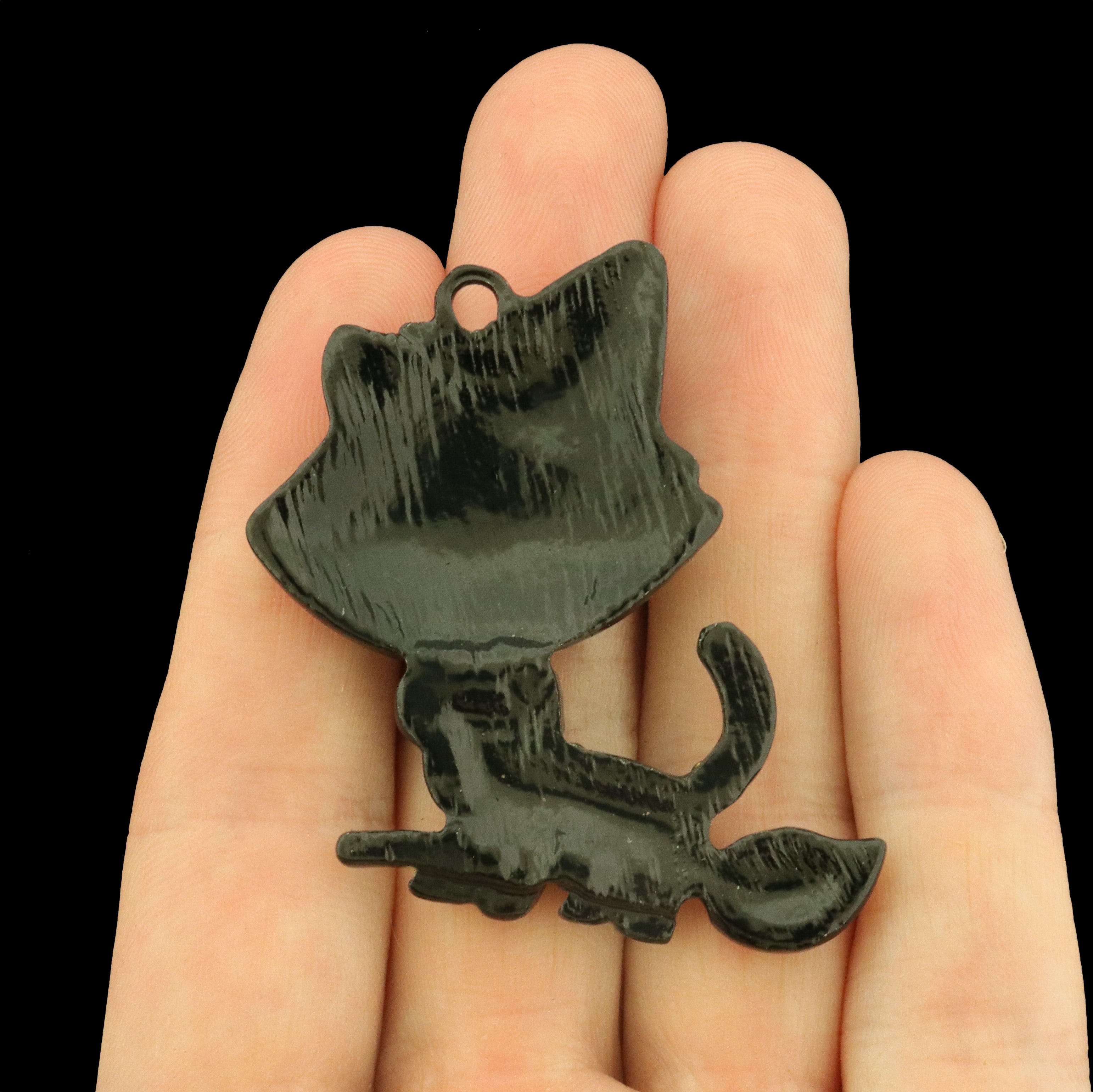Black Cat on Broom Enamel Charms with Rhinestones - E359