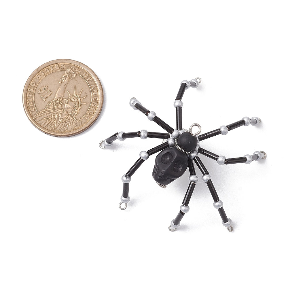 Black Spider Brooch Base - Glass Black and Skull Beads with Silver Loops - Z010