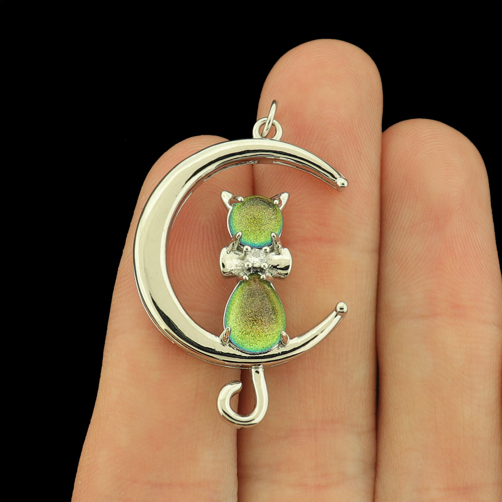 Cat Crescent Moon Silver Tone Brass Connector Charm - Choose Your Stone Color