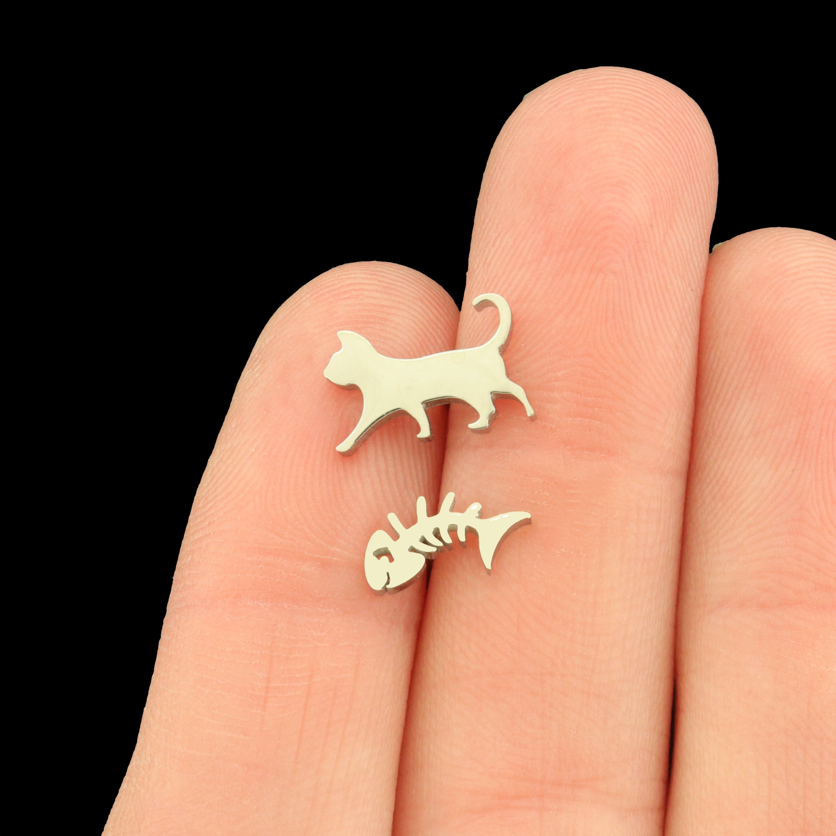 Cat and Fish Stainless Steel Earring Studs - 1 Pair - Choose Your Tone!
