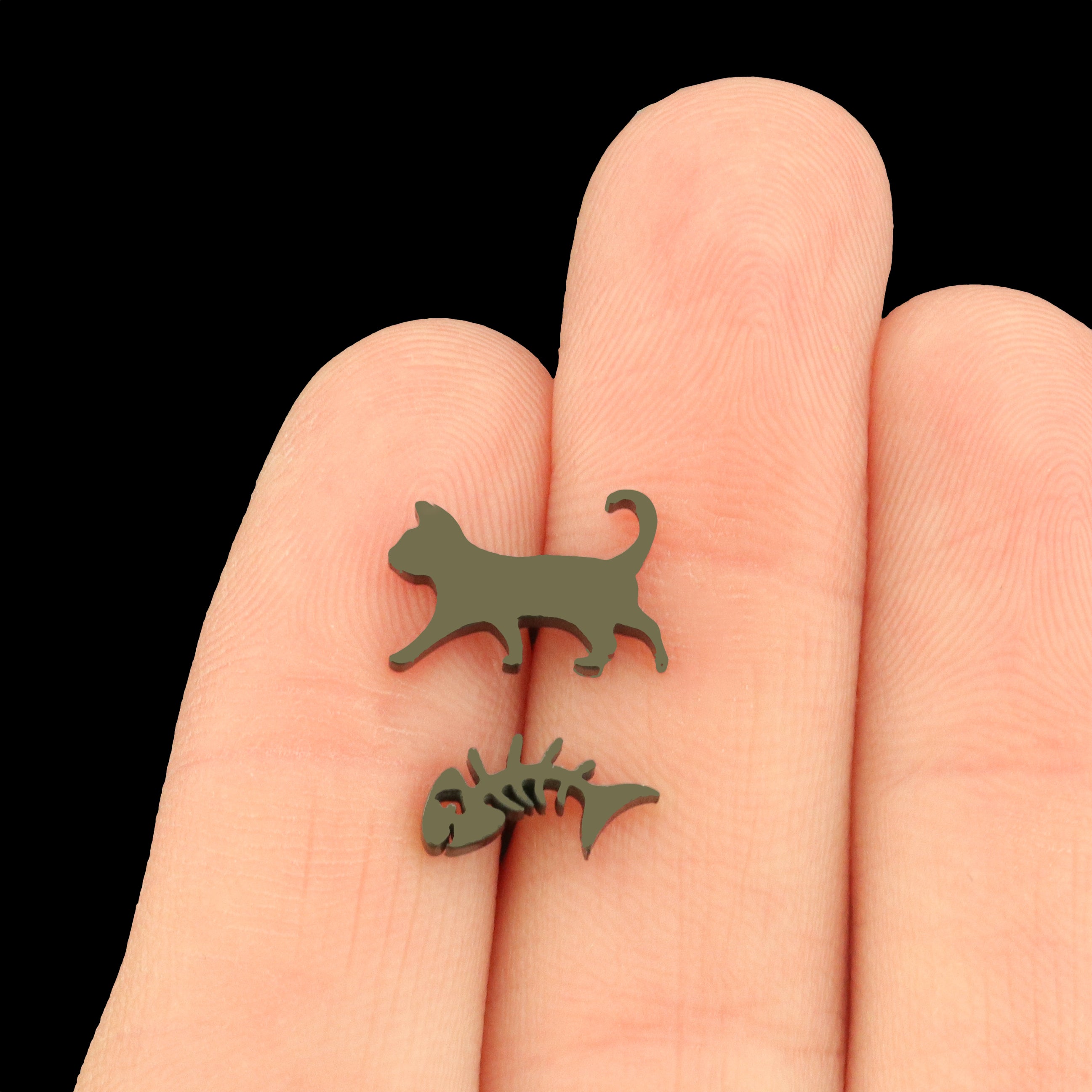 Cat and Fish Stainless Steel Earring Studs - 1 Pair - Choose Your Tone!