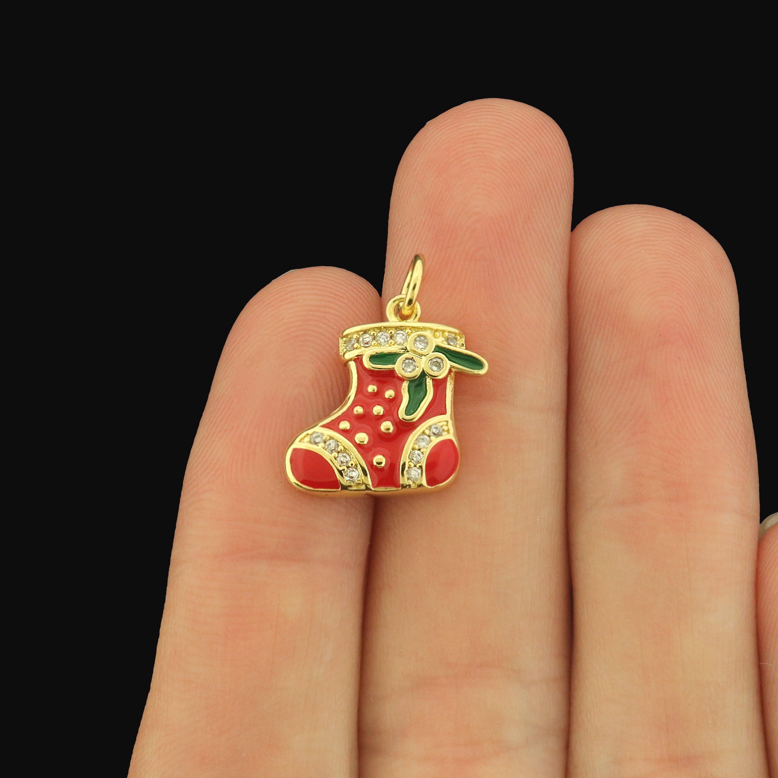 Christmas Stocking Gold Tone Enamel Charms with CZs - E1637