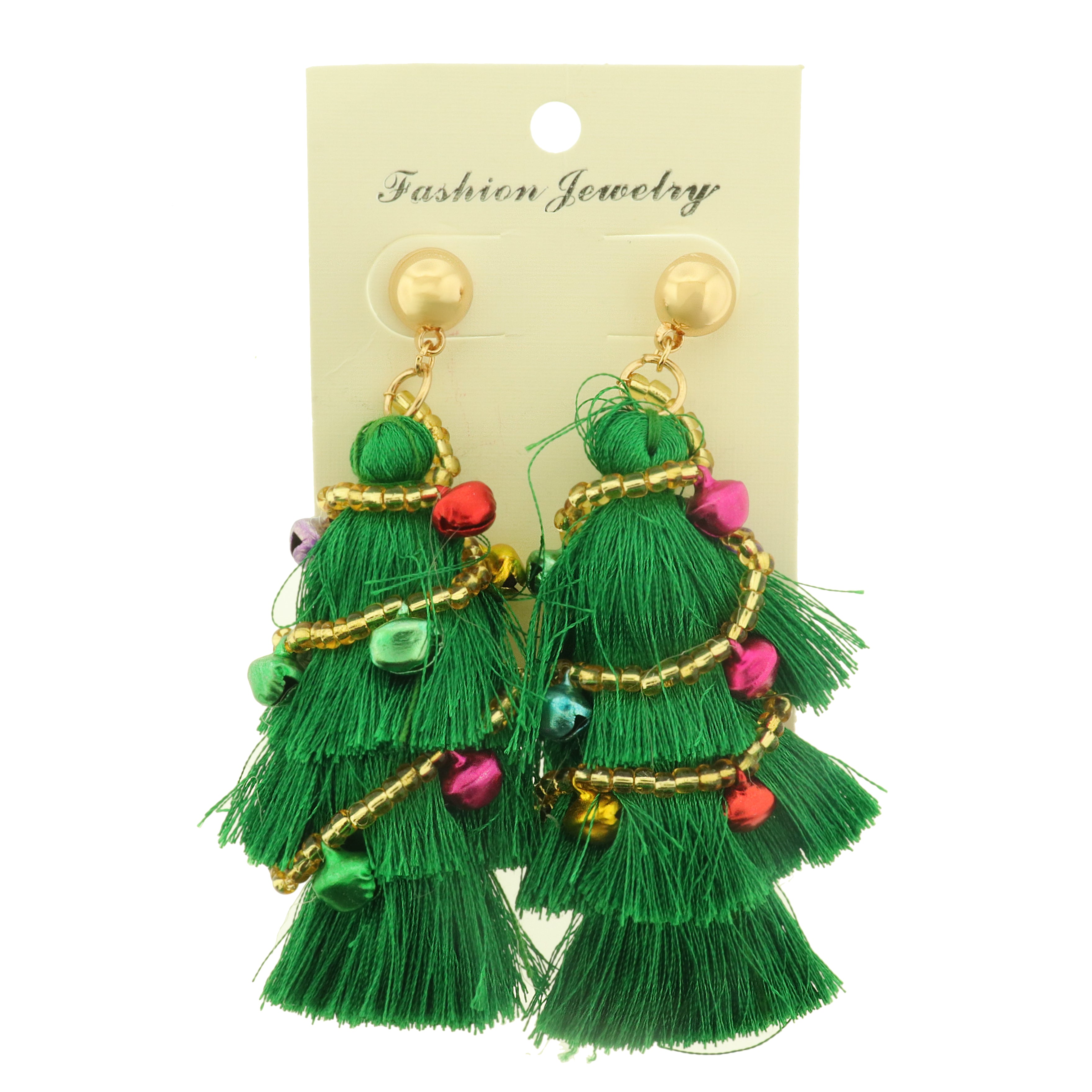 Christmas Tree Earrings - Decorated with Tinsel and Bells! - 1 Pair - ER1030