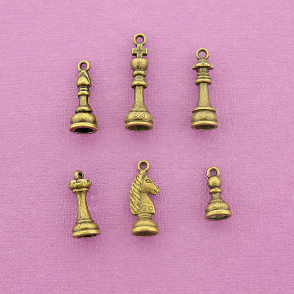 Chess Charm Collection Antique Bronze Tone 6 Different Charms - COL418H