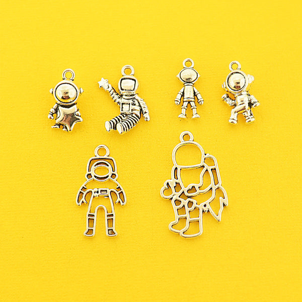 Astronaut Charm Collection Antique Silver Tone 6 Different Charms - COL425H
