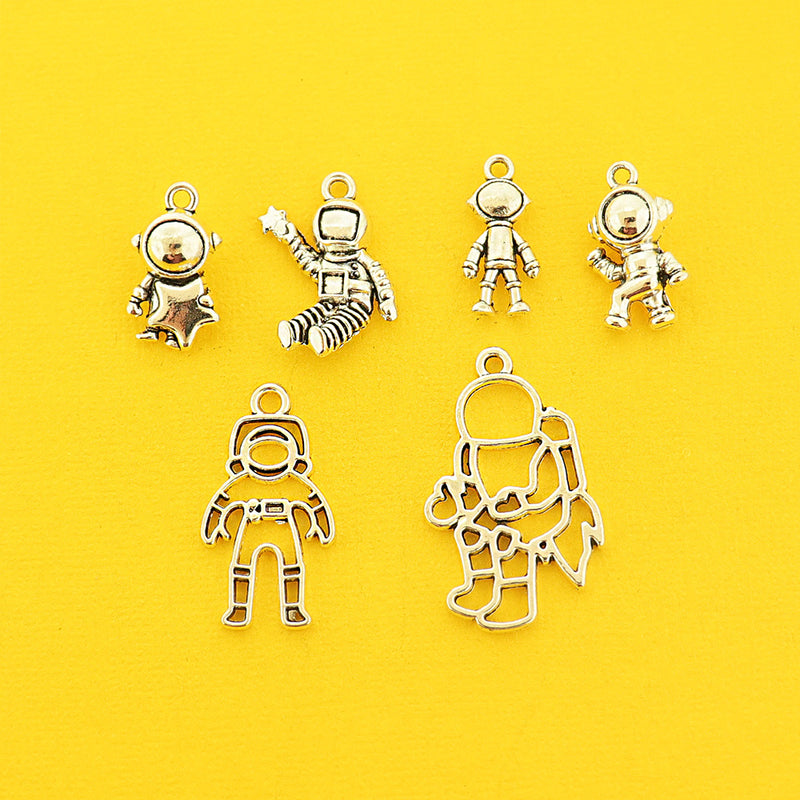 Astronaut Charm Collection Antique Silver Tone 6 Different Charms - COL425H