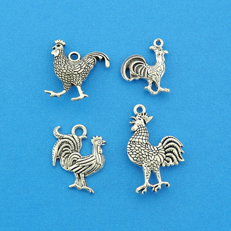 Rooster Collection Antique Silver Tone 4 Different Charms - COL429H