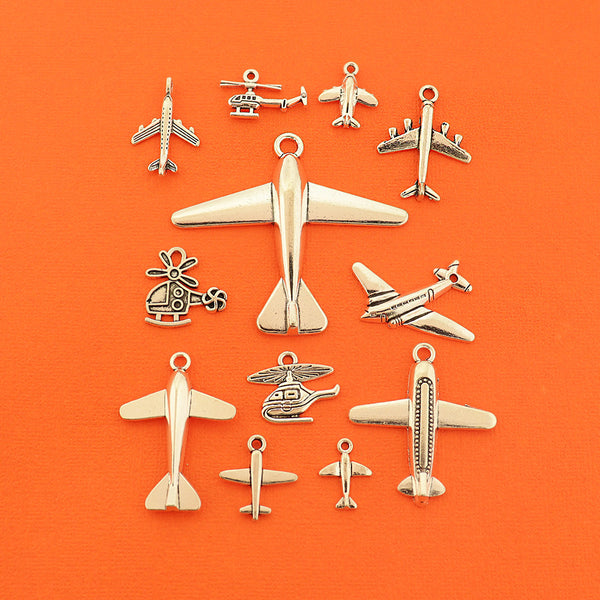 Airplane Collection Antique Silver Tone 12 Different Charms - COL430H