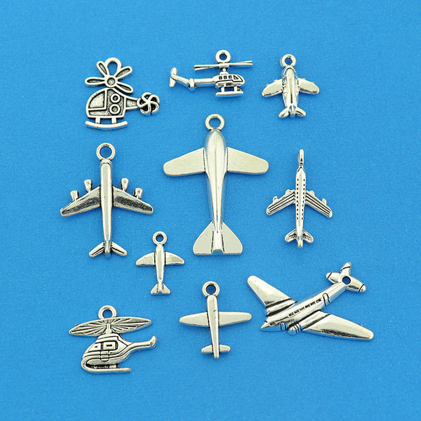 Airplane Collection Antique Silver Tone 10 Different Charms - COL431H