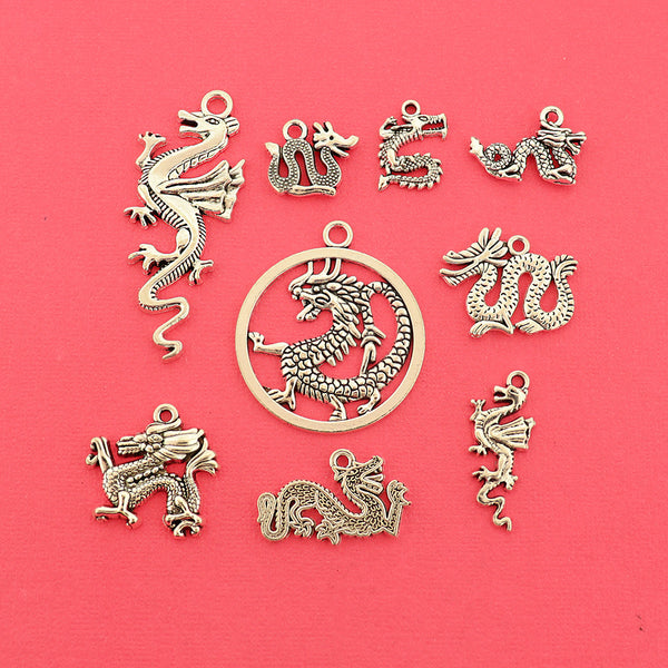 Dragon Collection Antique Silver Tone 9 Different Charms - COL437H