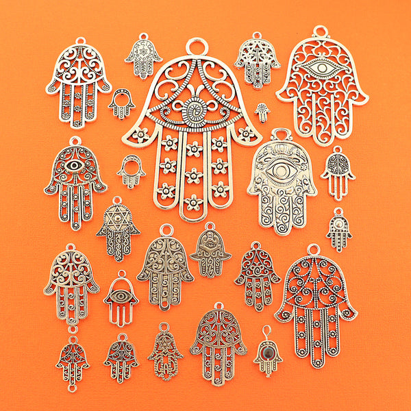 Hamsa Hand Collection Antique Silver Tone 24 Different Charms - COL443H