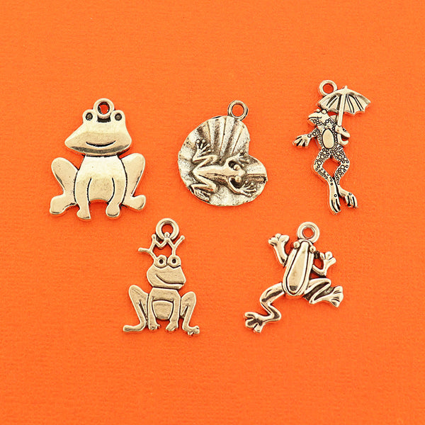 Frog Collection Antique Silver Tone 5 Different Charms - COL445H