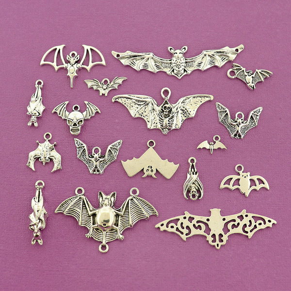 Deluxe Bat Collection Antique Silver Tone 17 Different Charms - COL446H