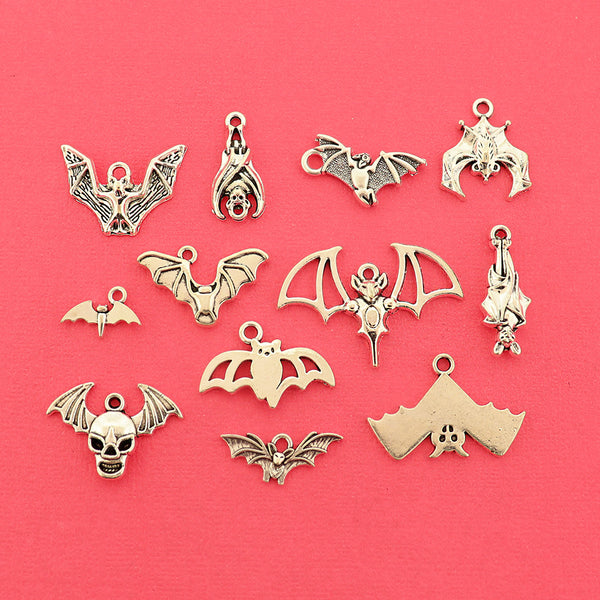 Bat Collection Antique Silver Tone 12 Different Charms - COL447H