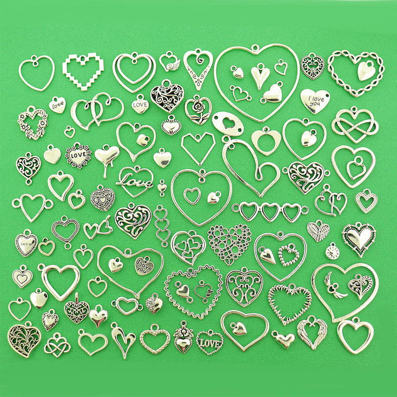 Deluxe Heart Collection Antique Silver Tone 100 Different Charms - COL449H