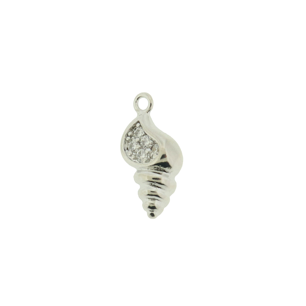 Conch Shell Silver Tone Plated Copper Charm with Inset Rhinestones 3D - SC954