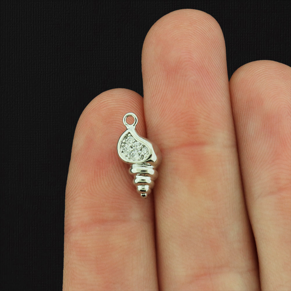 Conch Shell Silver Tone Plated Copper Charm with Inset Rhinestones 3D - SC954