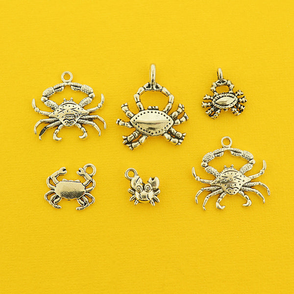 Crab Collection Antique Silver Tone 6 Different Charms - COL457