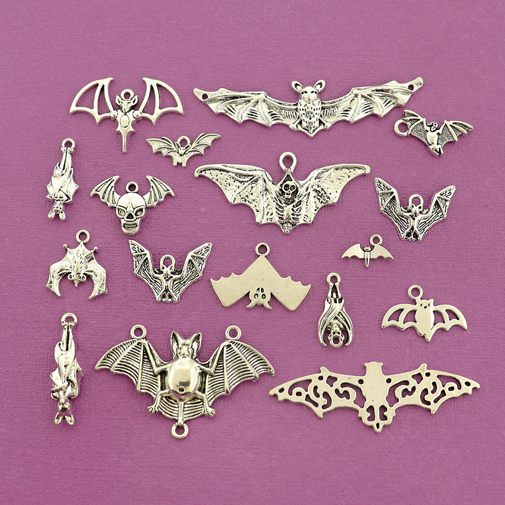 Deluxe Bat Collection Antique Silver Tone 17 Different Charms - COL446H