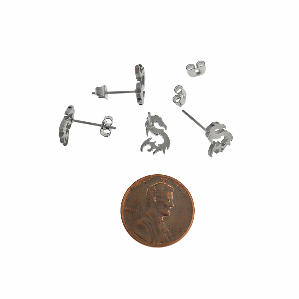 Dragon Silver Tone Titanium Steel Earring Studs - 11.2mm x 8mm - 2 Pieces 1 Pair - ER858