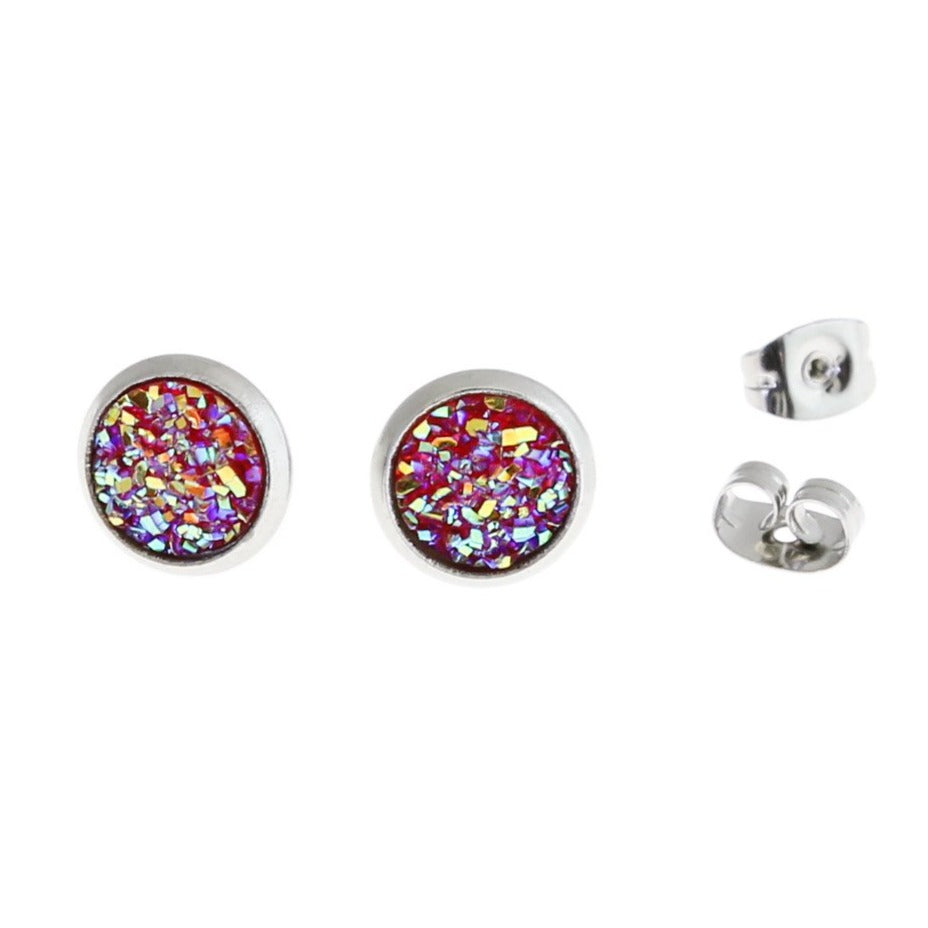 Druzy Earrings - Stainless Steel Stud - 8mm - 1 Pair - Choose Your Color!